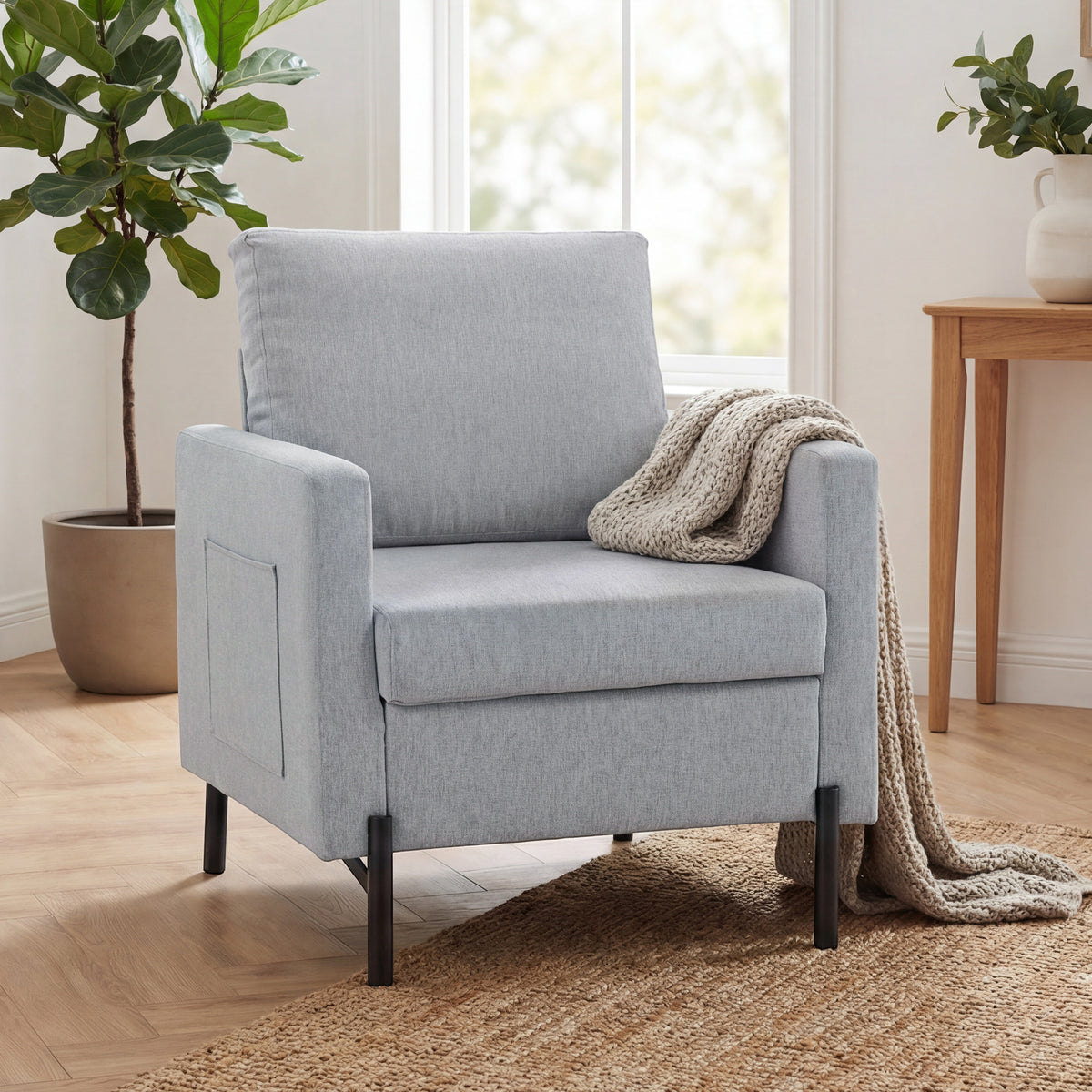 Accent Chair Modern Upholstered Armchair with Side Pockets and Cushion for Bedroom, Living Room, Light Grey