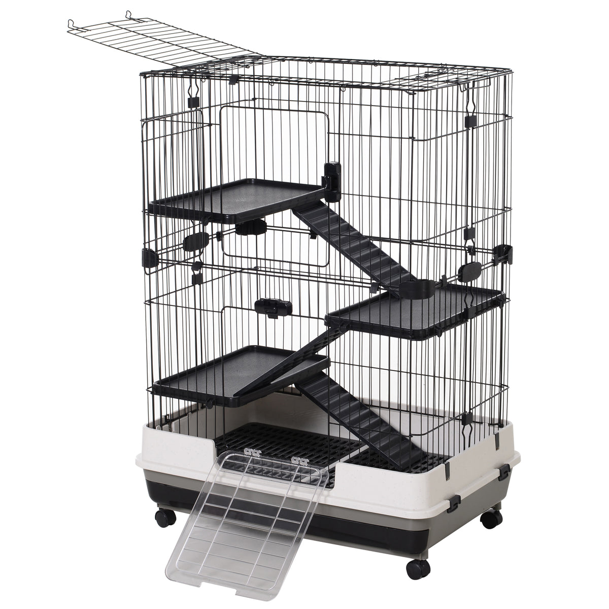 45"H Black 4-Level Guinea Pig Cage with Wheels & Ramp