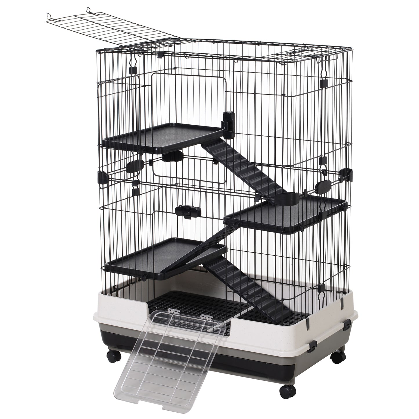 45"H Black 4-Level Guinea Pig Cage with Wheels & Ramp