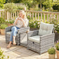 5 Piece Patio Furniture Set, Wicker Patio Chairs with Ottomans, 2-Tier Glass Coffee Table and Cushions, Grey/Cream White