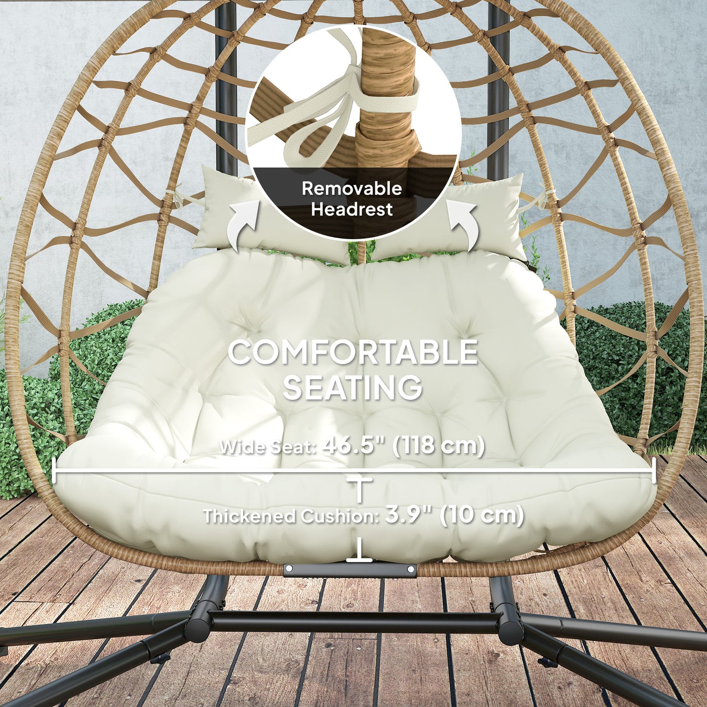 Double Wicker Egg Swing Chair with Canopy, Foldable Hanging Egg Chair with Stand Cushion Headrest, Beige