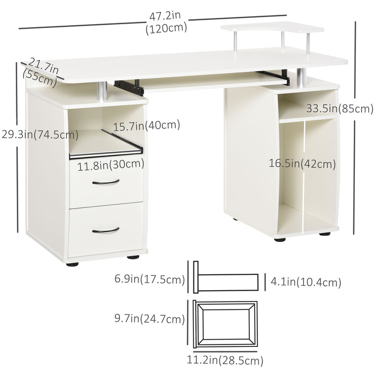 Computer Desk with Keyboard Tray and Drawers - White