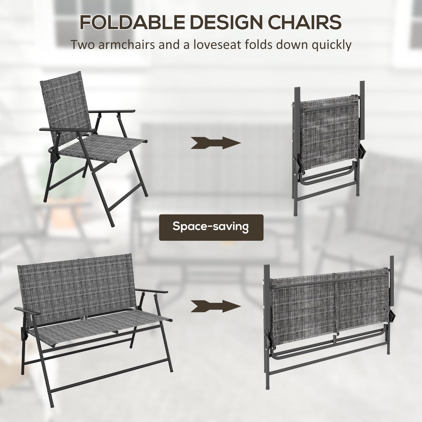 Outdoor 4 Pieces Patio Furniture Set, Garden Set with Two Foldable Armchairs, a Loveseat & Glass Top Table, Mixed Grey
