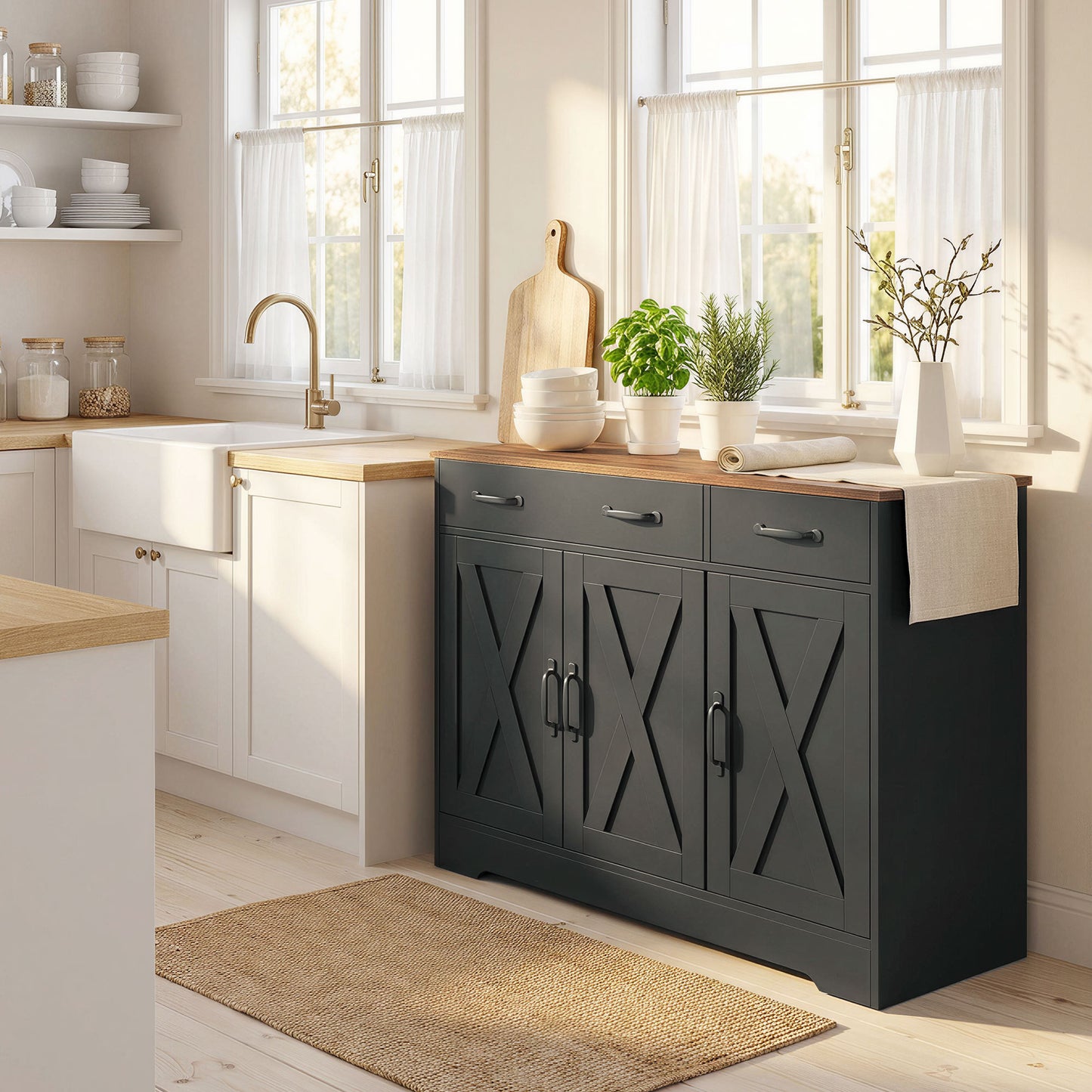 Sideboard Buffet Cabinet, 43" Farmhouse Kitchen Cabinet with 3 Barn Doors, 2 Drawers, 2 Adjustable Shelves, Black
