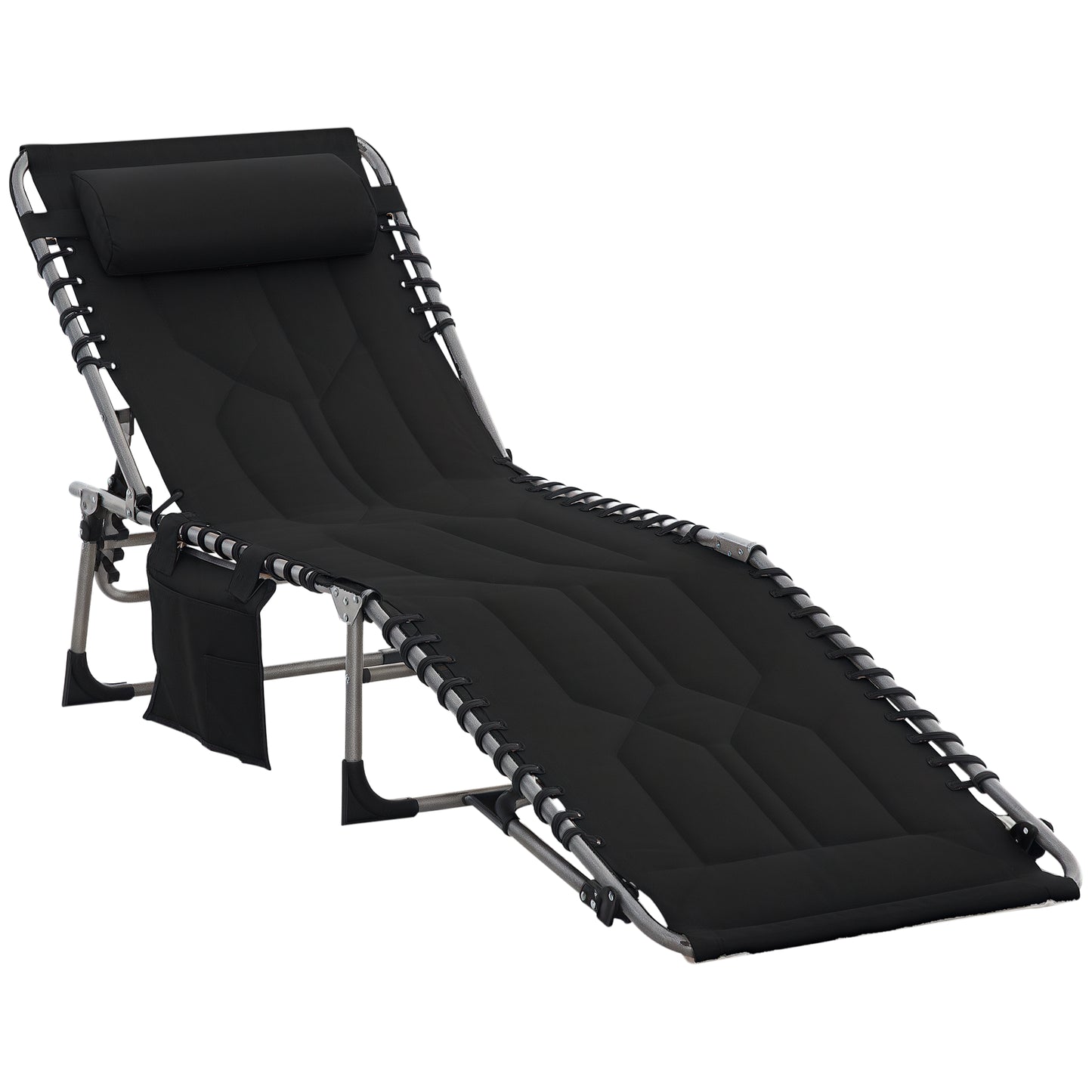 Folding Chaise Lounge Chair, Outdoor Padded Reclining Chair with 5-position Adjustable Backrest, Pillow and Pocket for Patio, Deck, Beach, Lawn and Sunbathing, Black