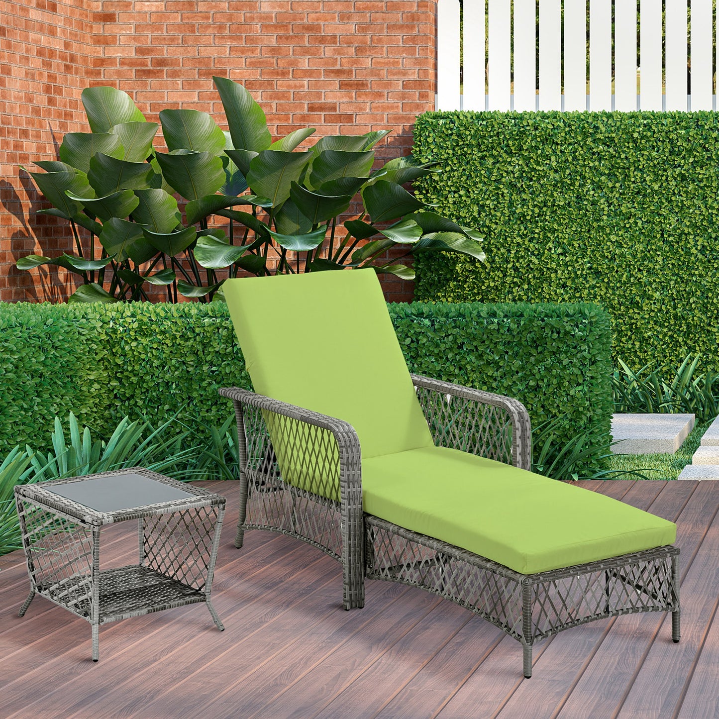 2 Pieces Wicker Patio Lounge Set w/ Cushions, Outdoor PE Rattan Sun Lounger Sets w/ 5-Level Reclining Chaise Chair & Two-tier Glass Top Coffee Table, Green