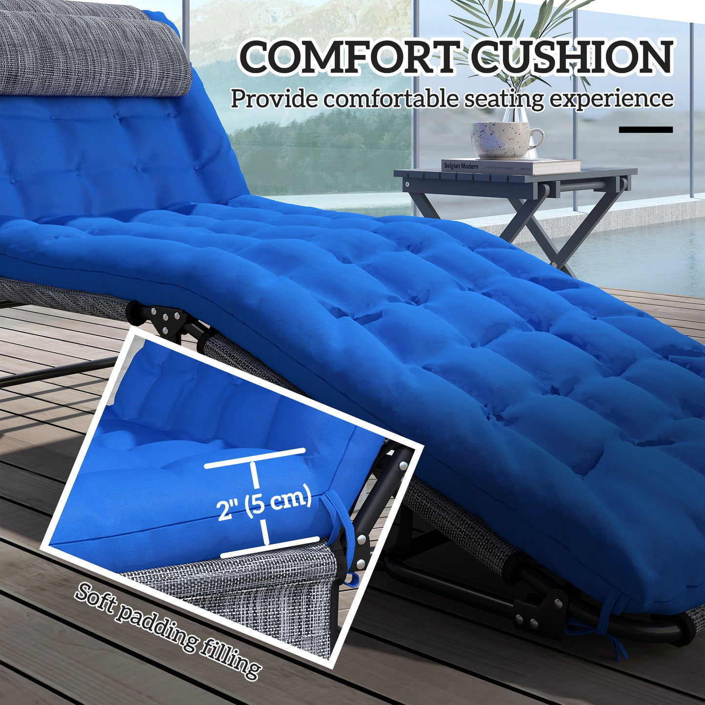 2-Piece Folding Lounge Chairs with Adjustable Backrest, Tanning Chair with Cushion, Side Pocket, Headrest, Beige