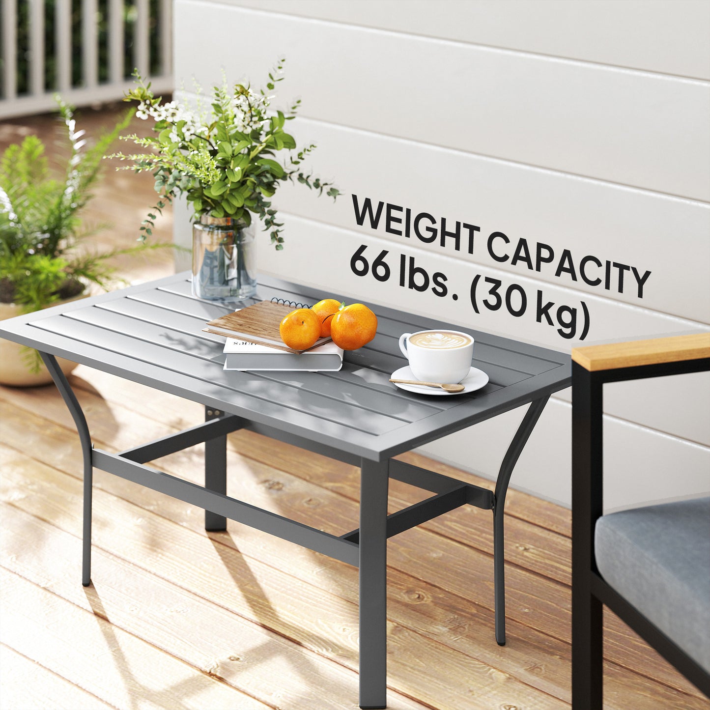 Outdoor Side Table with Slatted Tabletop, Metal Patio Coffee Table for Garden, Balcony, Black