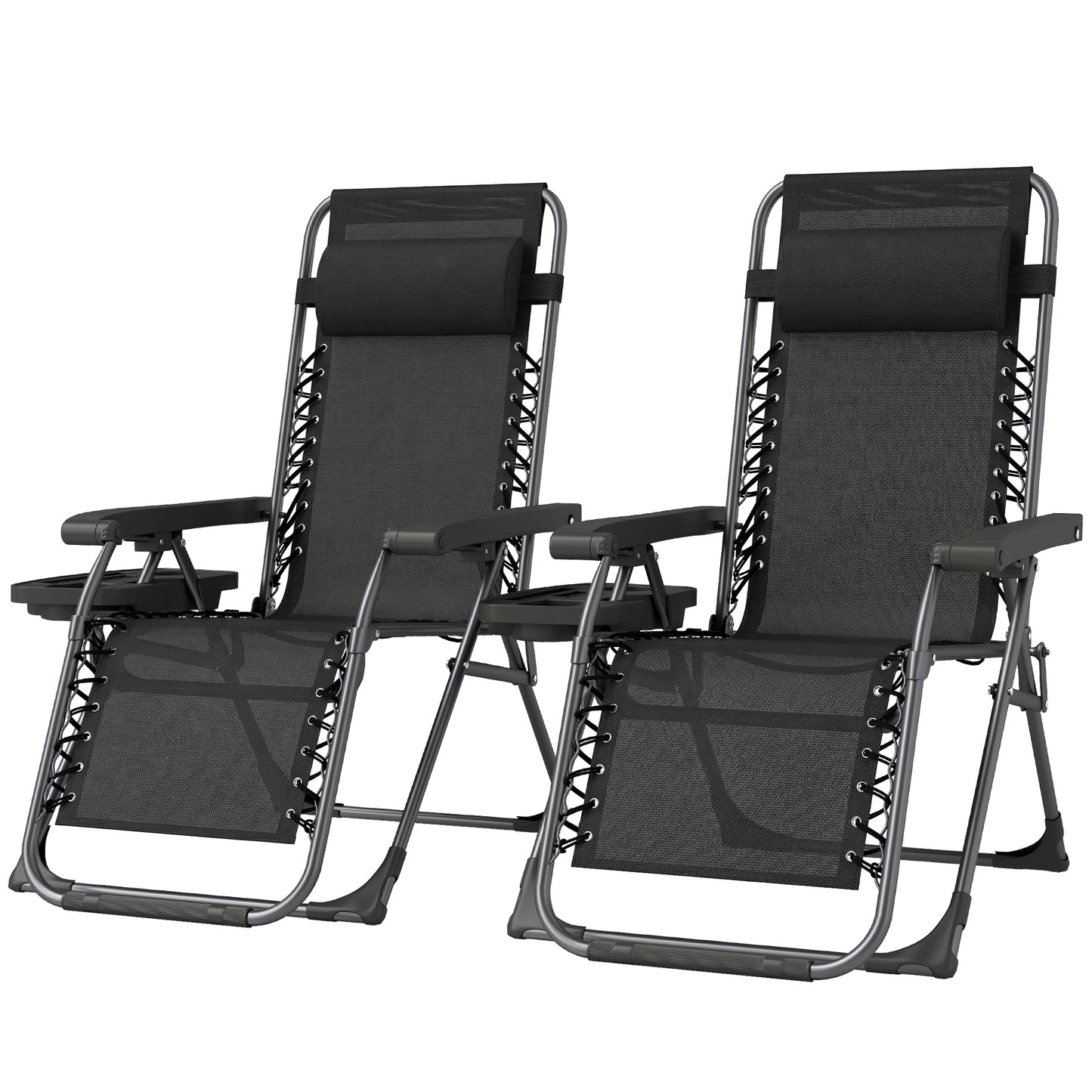 Zero Gravity Chair Set of 2, Folding Reclining Outdoor Lounge Chair with Cup Holder, Headrest, Black