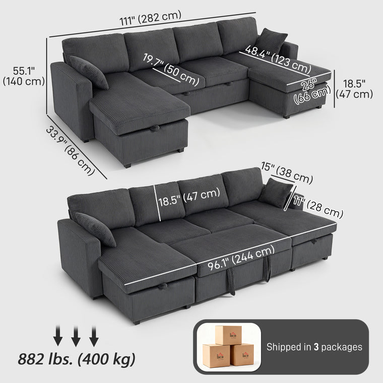 Corduroy U-Shaped Sleeper Sectional with Storage Chaise - Grey