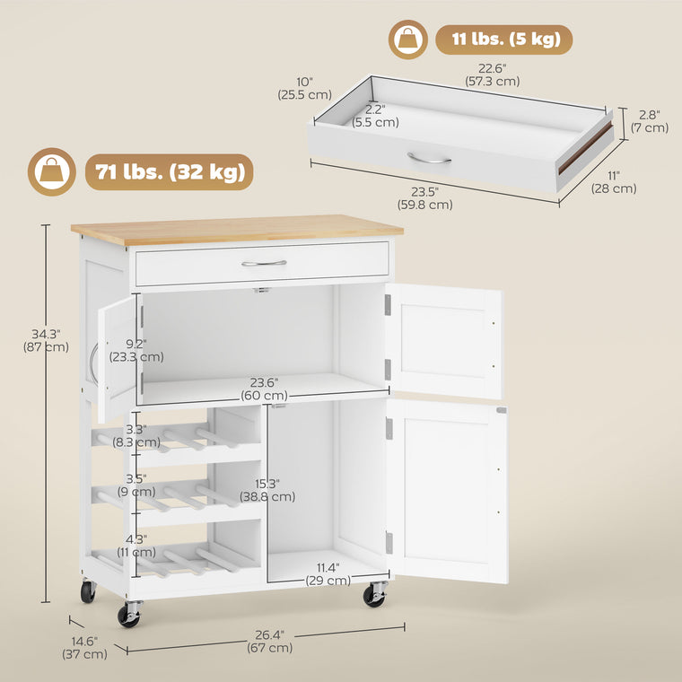 Rolling Kitchen Island with Wine Rack - White