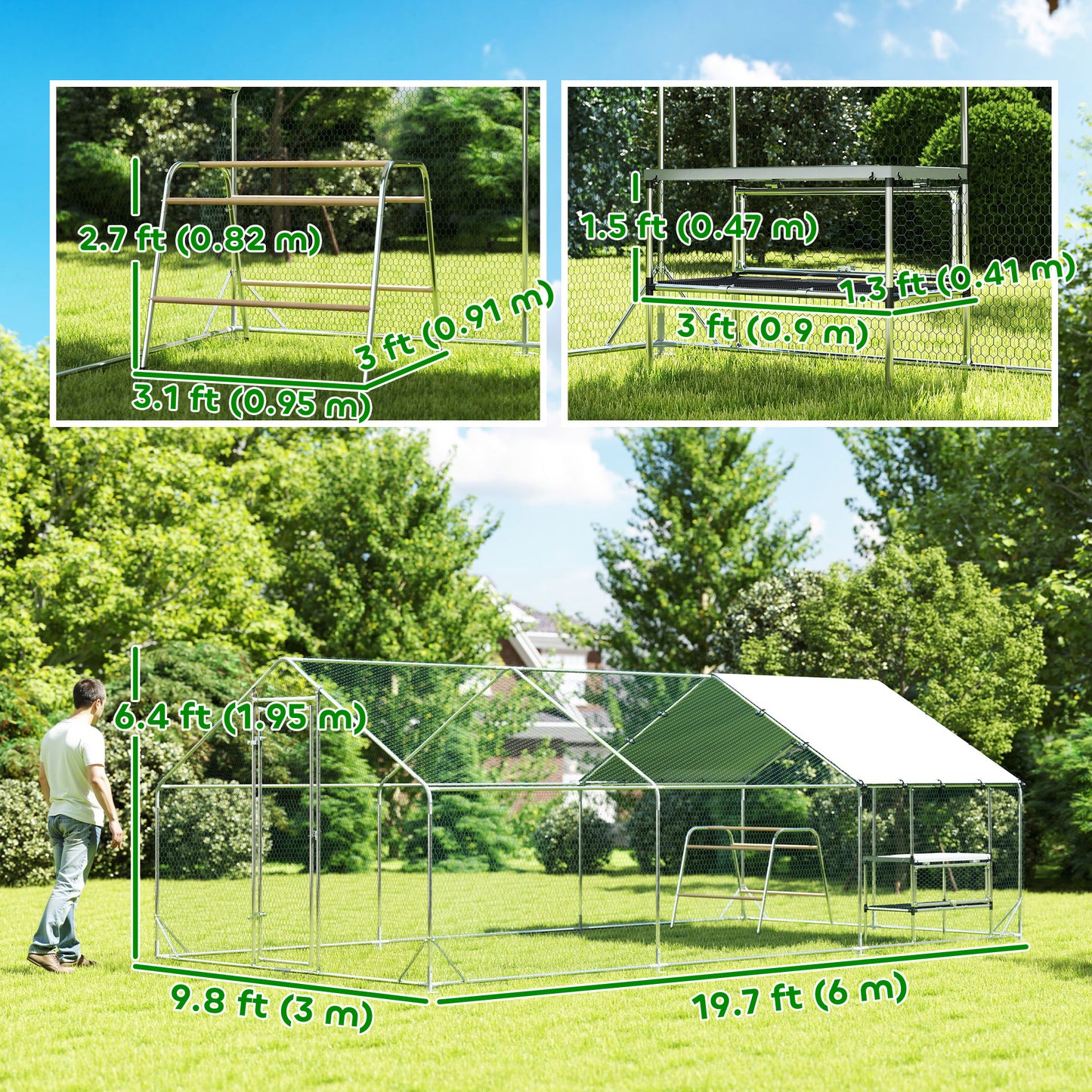 Metal Chicken Coop Run w/ Waterproof Cover, Nesting Box, Roosting Bars, for Outdoor Backyard