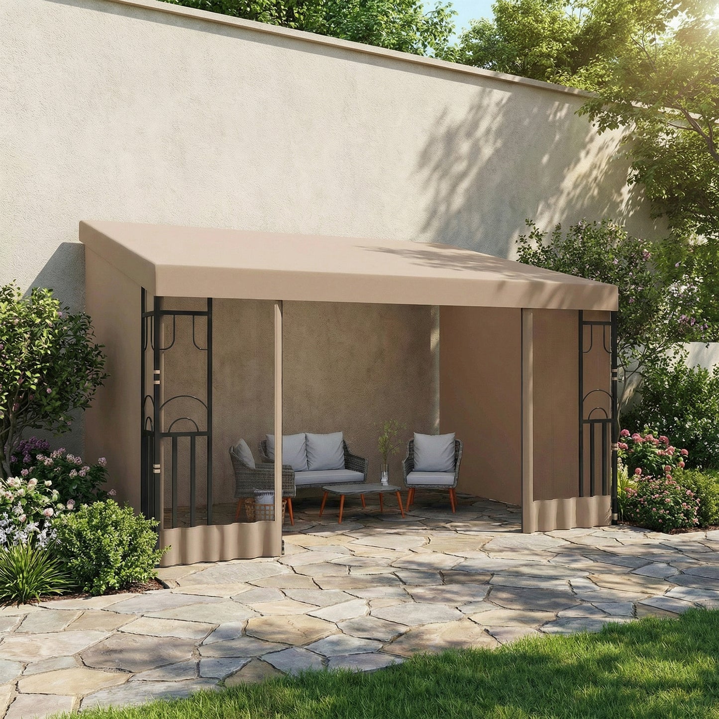 10' x 13' Wall Pergola, Outdoor Gazebo with 2 Curtains and 2 Nettings, UV Resistant, for Patio, Deck, Khaki