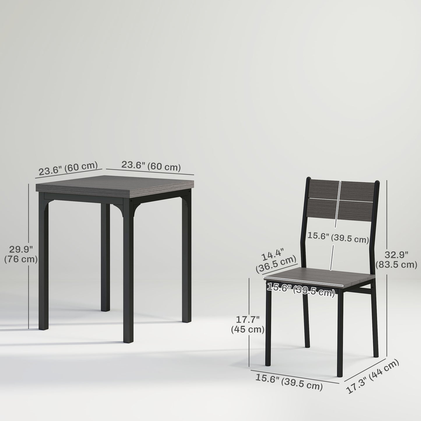 Dining Table Set for 2, 3 Piece Kitchen Table and Chairs with Metal Legs for Small Spaces, Grey Wood Effect