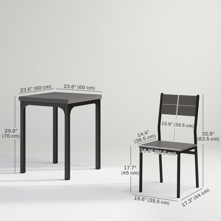 3-Piece Dining Table Set for 2 with Metal Legs - Grey Wood Effect