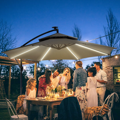 10FT Light Grey Cantilever Umbrella with Solar Lights & Crank