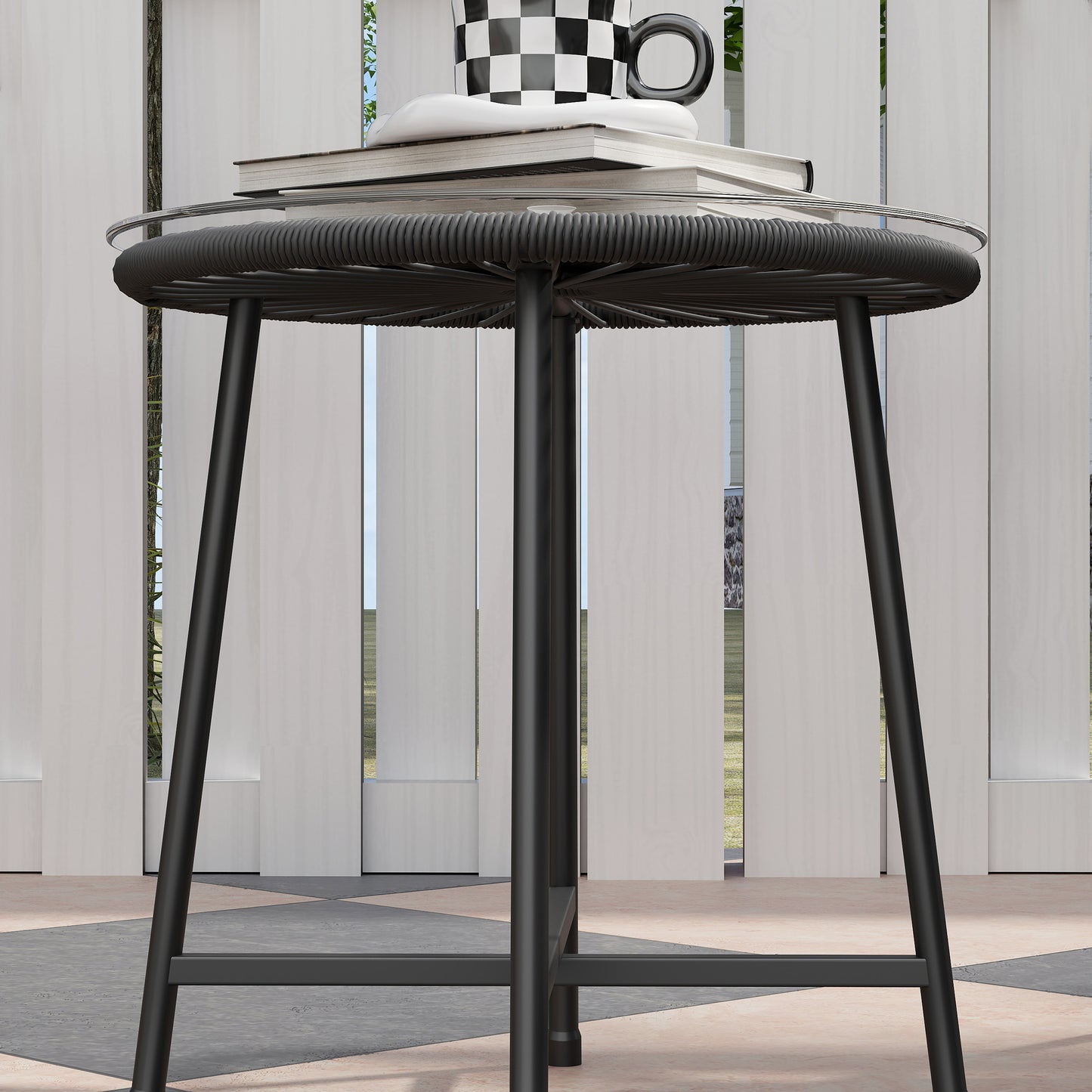 3 Piece Bistro Set, Wicker Outdoor Patio Furniture Set with Glass Top Table, Cushions for Balcony, Porch, Black
