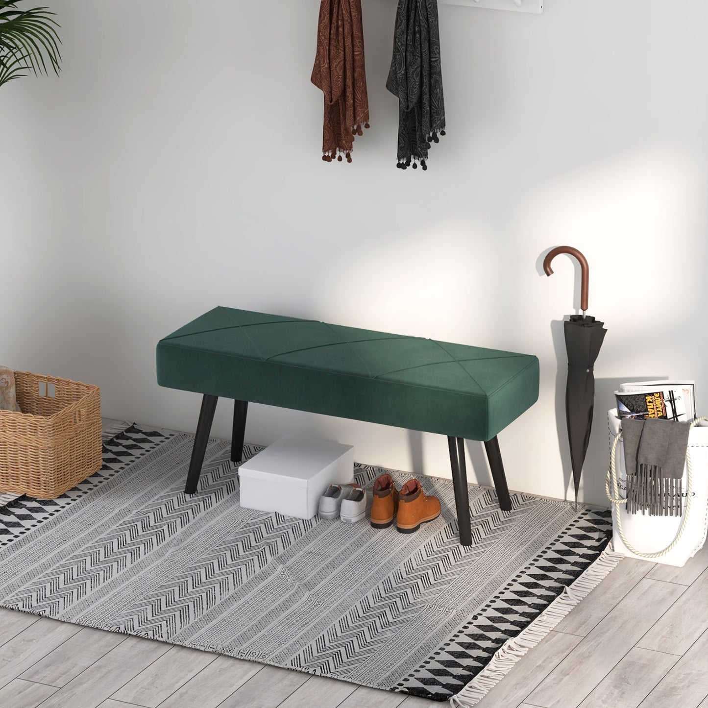 39 Inches Upholstered Bedroom Bench, Modern End of Bed Bench with Steel Legs, Green