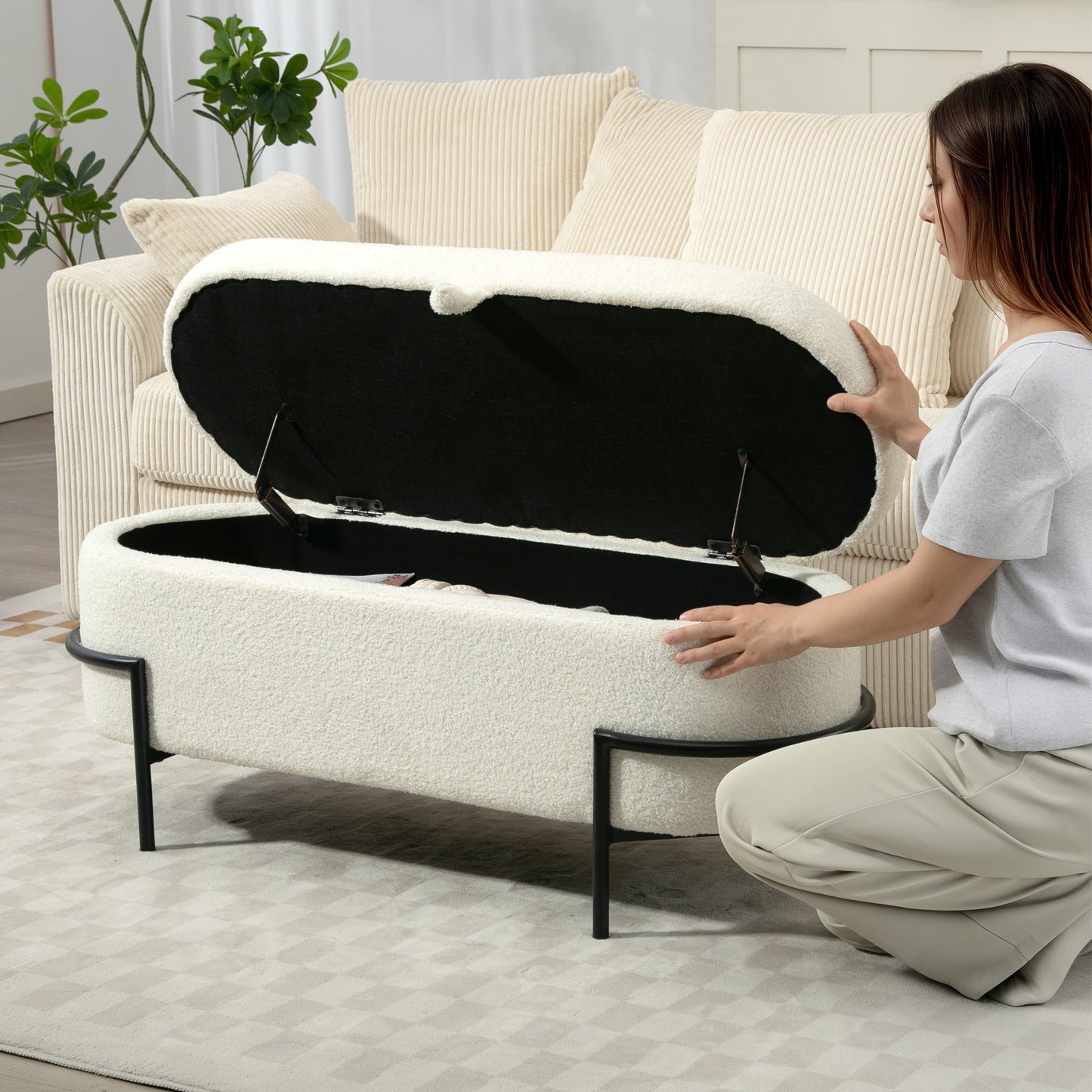 Storage Ottoman with Lift-Up Lid and Steel Legs, 45 Inches Sherpa Fleece Storage Chest for Living Room, Cream White