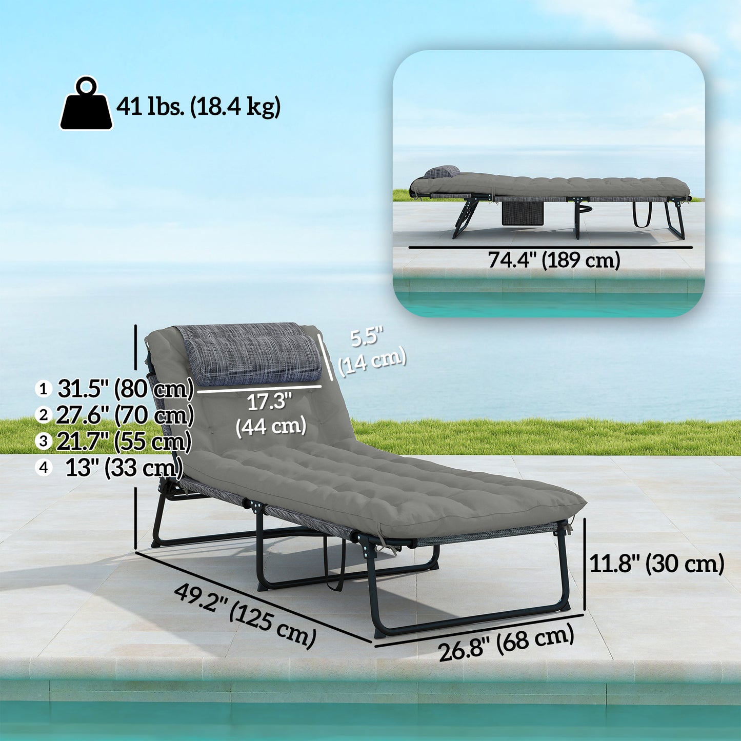 2-Piece Folding Lounge Chairs with Adjustable Backrest, Tanning Chair with Cushion, Side Pocket, Headrest, Beige