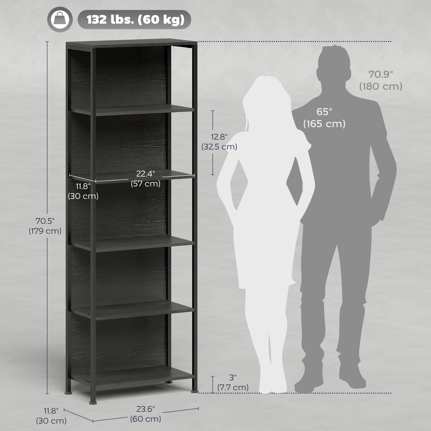 5-Tier Bookshelf, Freestanding Bookcase with LED Lights and Metal Frame for Living Room, Bedroom, Home Office, Black
