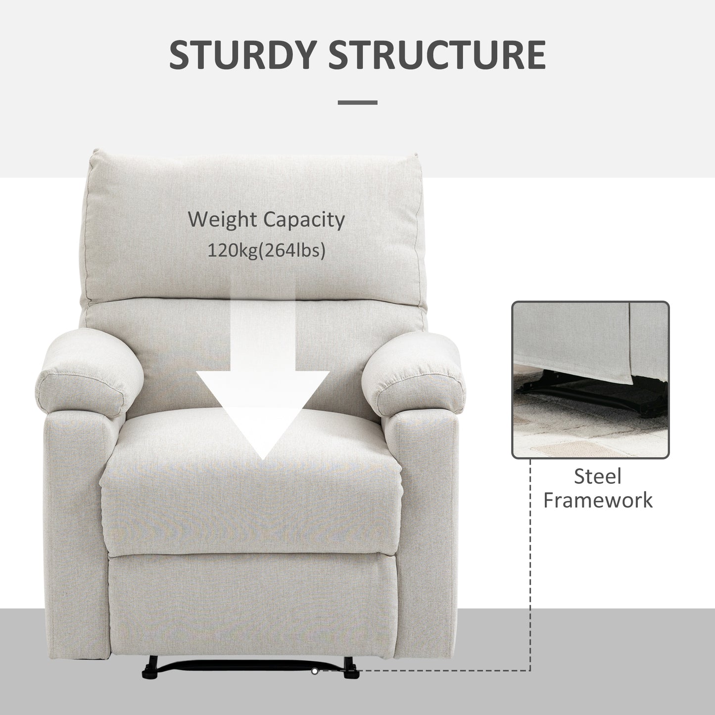 Recliner Chair, Manual Reclining Chair with Footrest, Padded Seat for Living Room, Bedroom, Study, Cream White