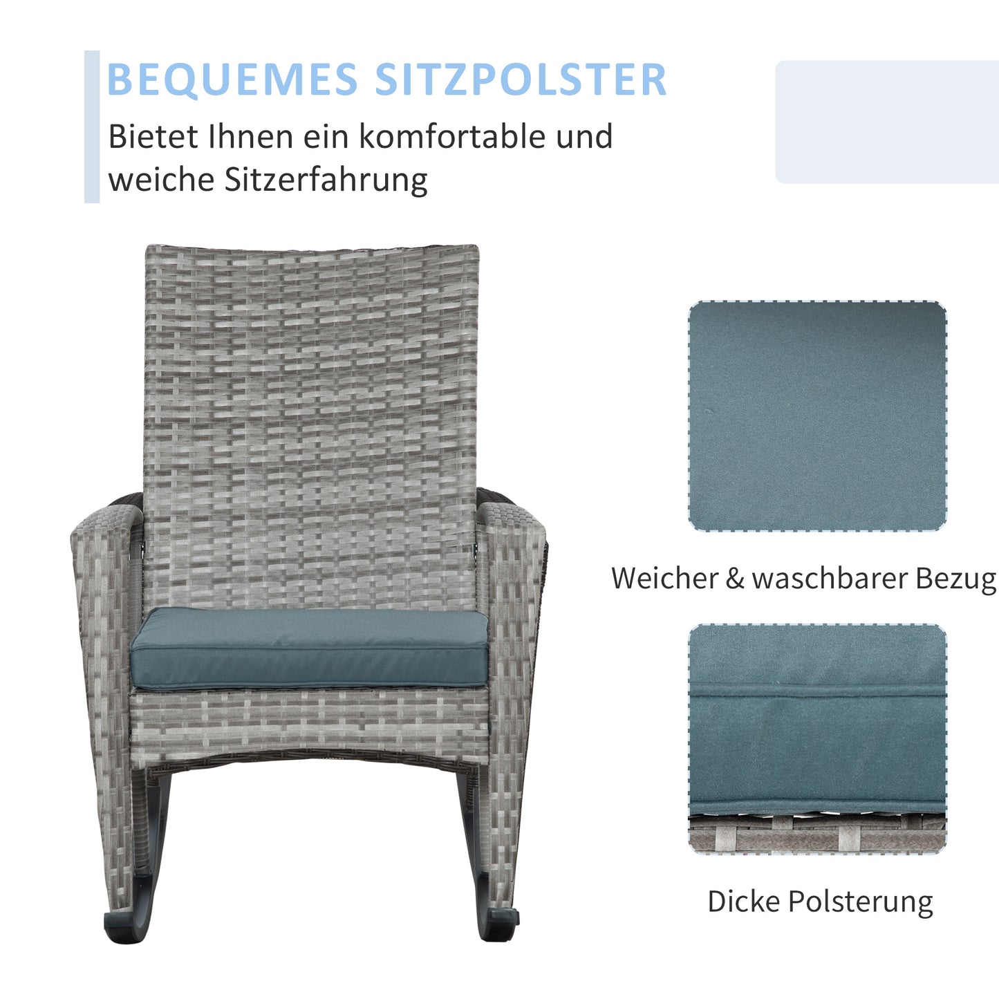 Outdoor PE Rattan Rocking Chair, Garden Glider Rocking Chair, Wicker Patio Chair Set with Armrest and Cushion, Grey