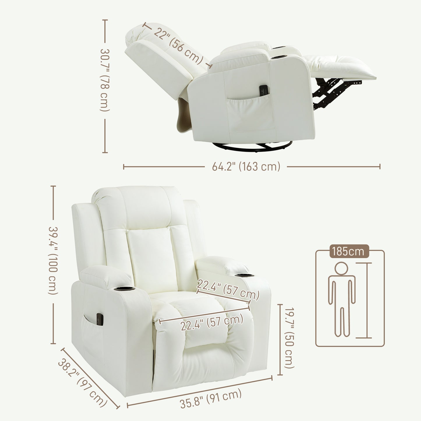 Swivel Massage Recliner Sofa, Overstuffed Manual Reclining Sofa, PU Leather Rocking Chair with Side Pockets, Cup Holders, for Living Room, Nursery, Cream White