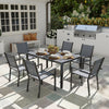 7 Piece Outdoor Dining Set with 6 Stackable Chairs, Rectangle Table, WPC Slatted Top, Rust-Resistant Steel Frame