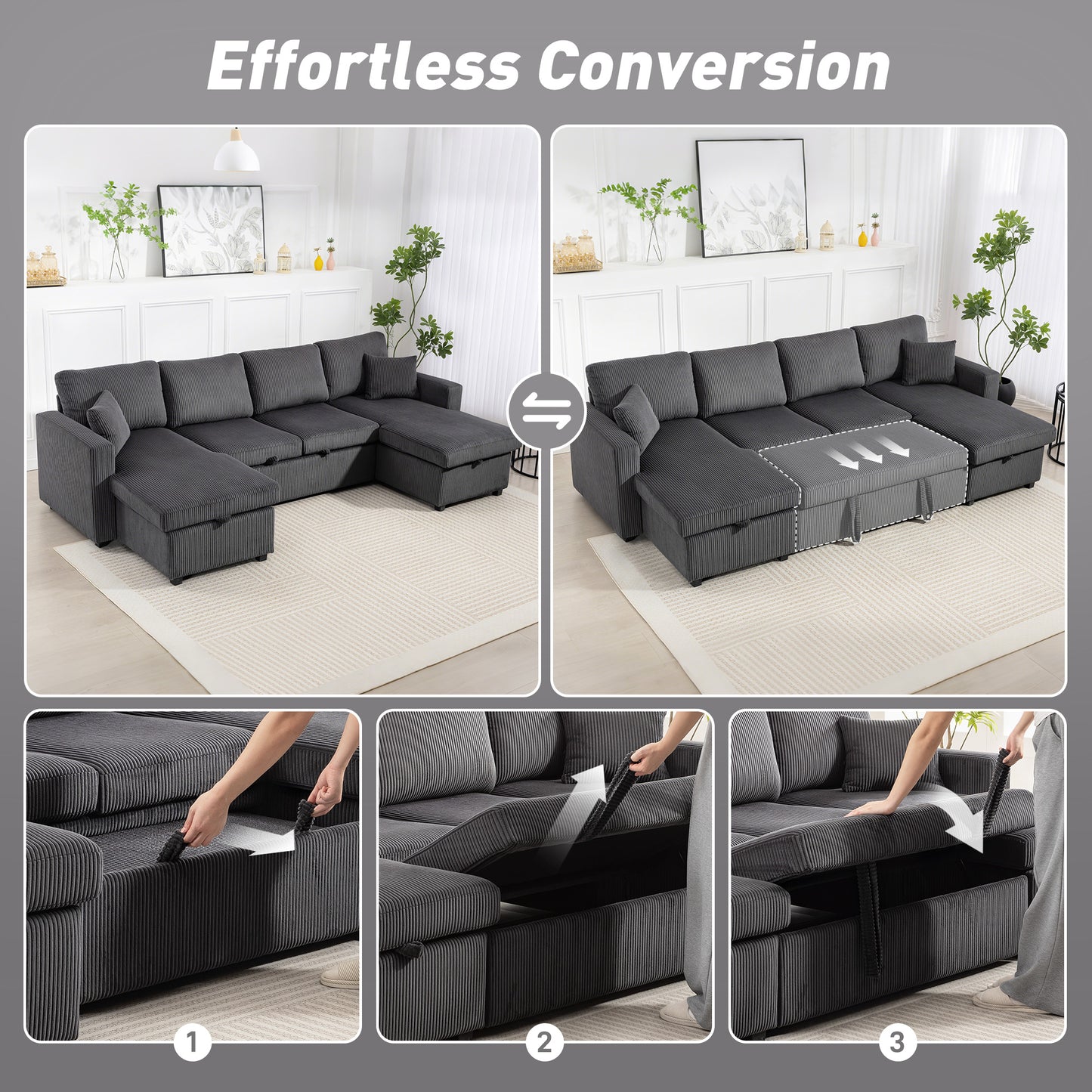 Convertible Sofa Bed, Corduroy U-Shaped Sleeper Sofa Couch with Storage Chaise, Pillows, Spring, Futon Couch, Grey
