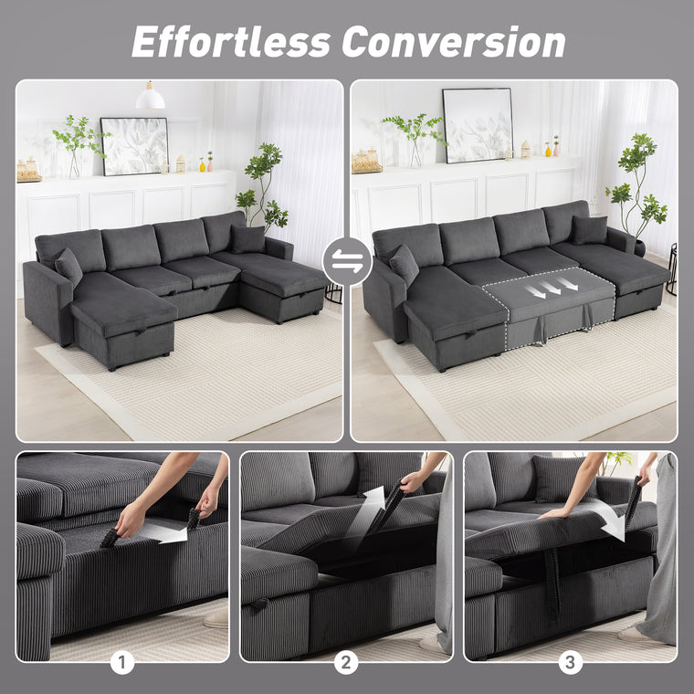 Corduroy U-Shaped Sleeper Sectional with Storage Chaise - Grey