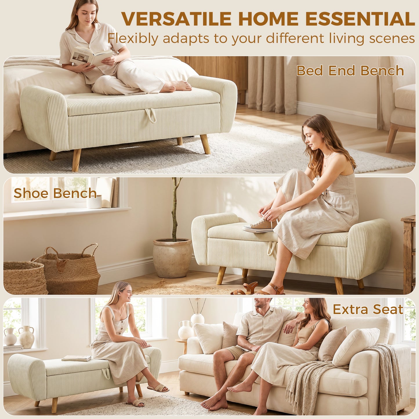 Storage Ottoman, 59" Corduroy End of Bed Storage Bench for King Size Bed with Wooden Legs and Rolled Arms, Beige