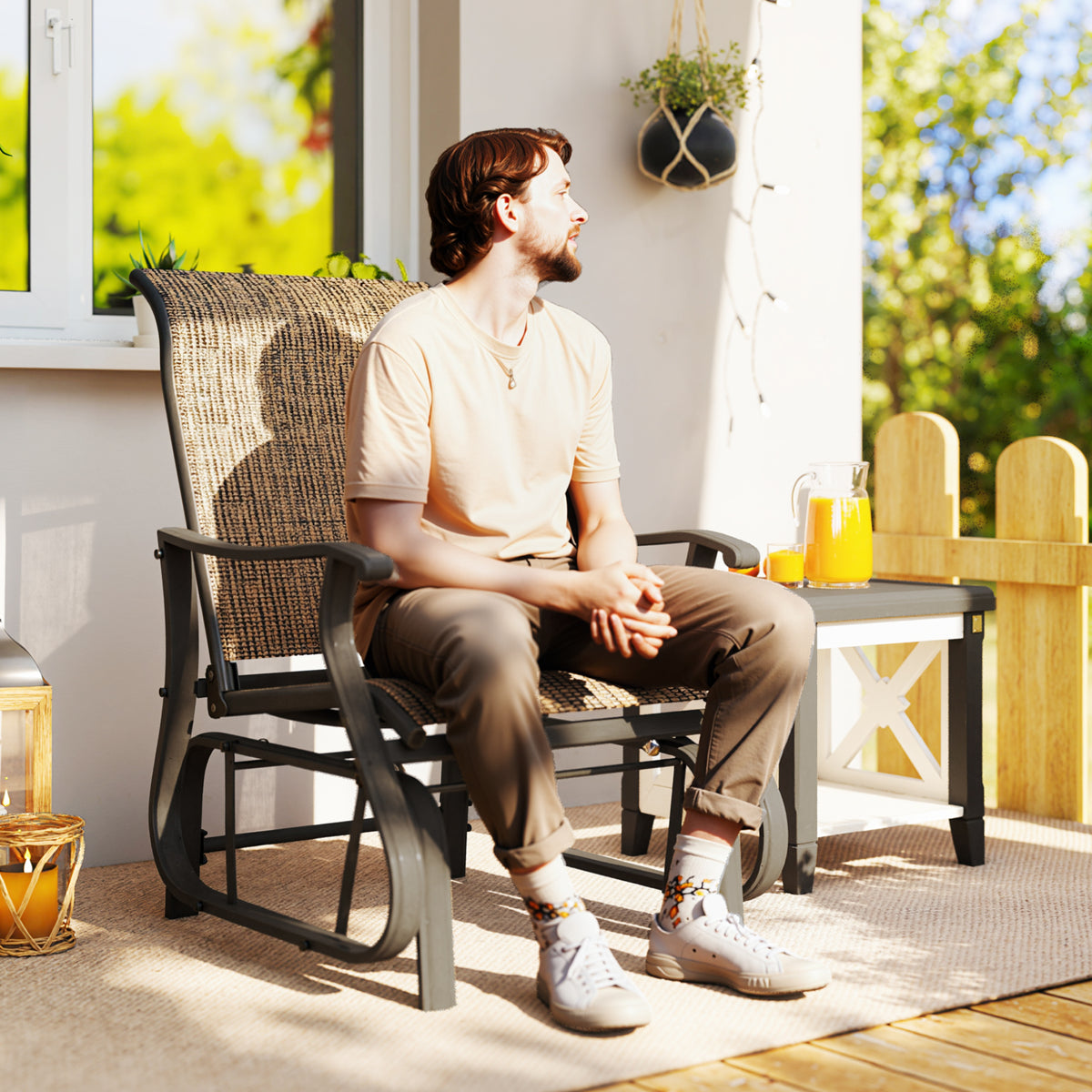 Outdoor Glider Chair, Patio Glider with Steel Frame and Mesh Fabric, Outdoor Patio Chair for Backyard, Garden and Porch, Light Mixed Brown