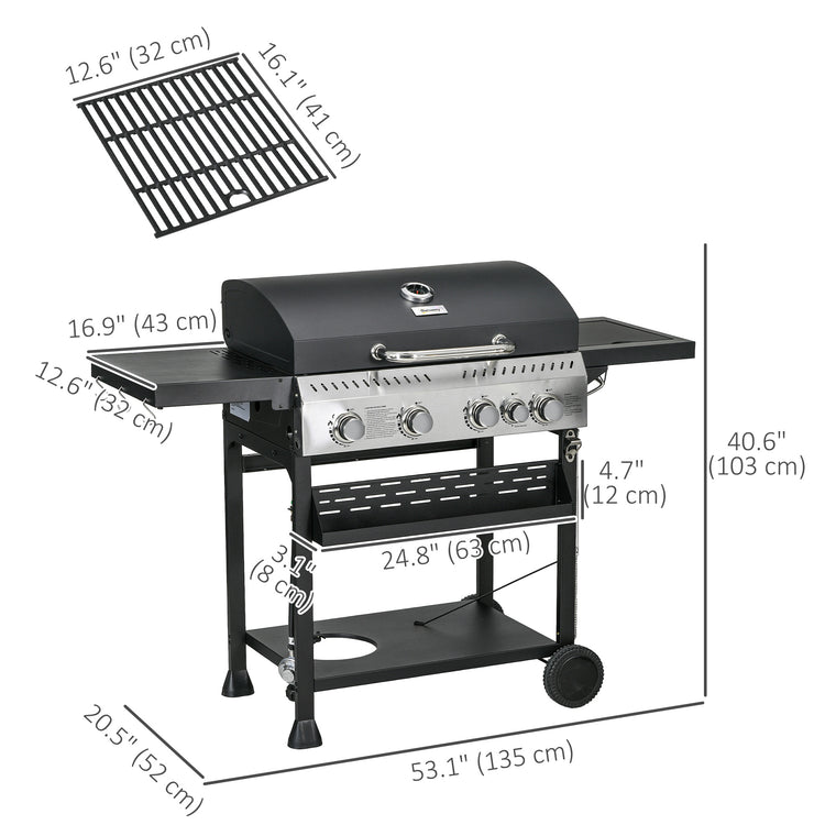 40,000 BTU Black Propane Gas Grill Cart with 4 Burners