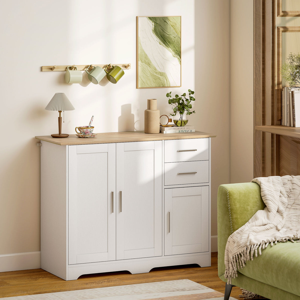 40" Sideboard Buffet Cabinet, Modern Kitchen Storage Cabinet with 2 Drawers, 3 Doors & Adjustable Shelf, White