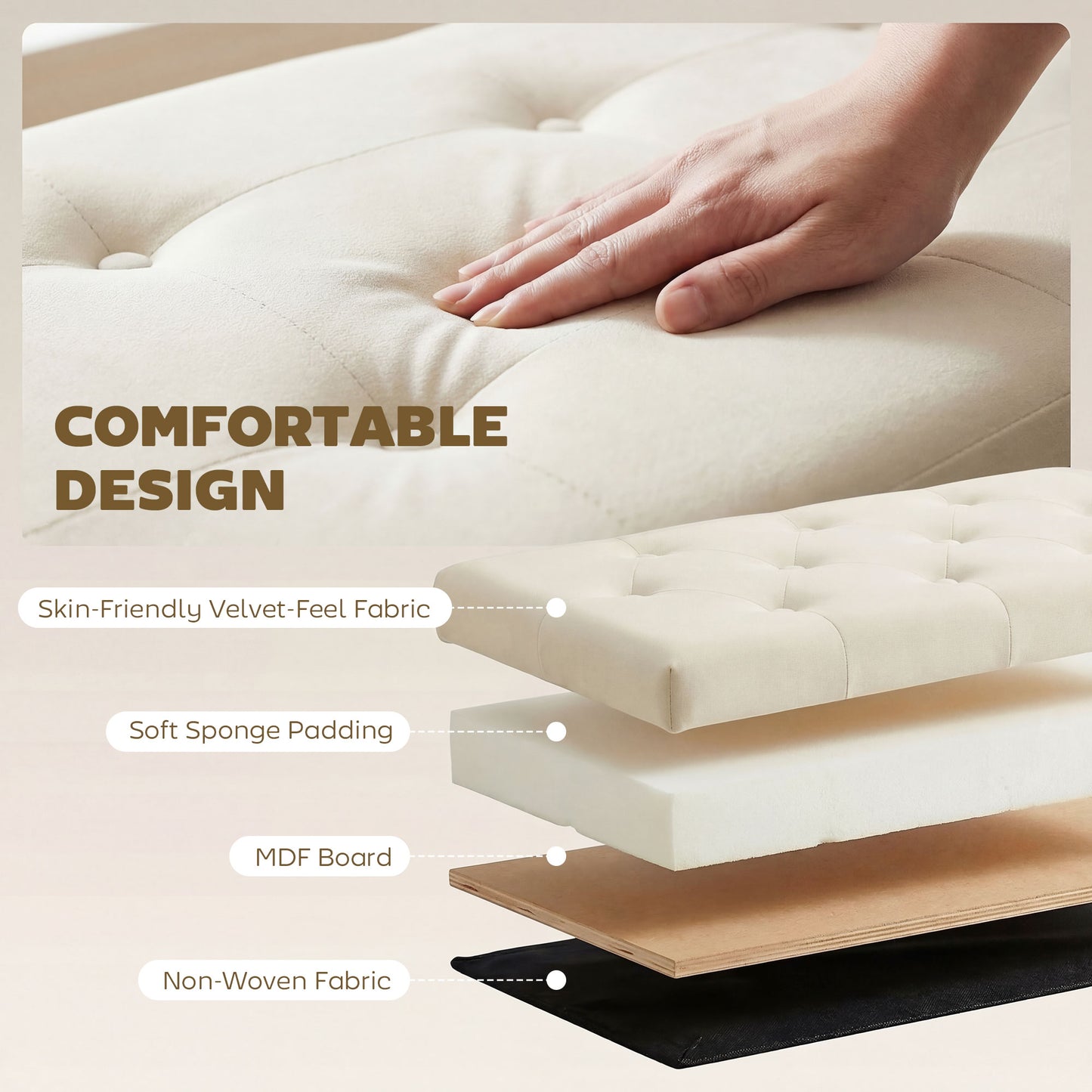 Storage Ottoman, Upholstered Velvet End of Bed Bench, Button Tufted Storage Bench for Bedroom, Living Room, Beige