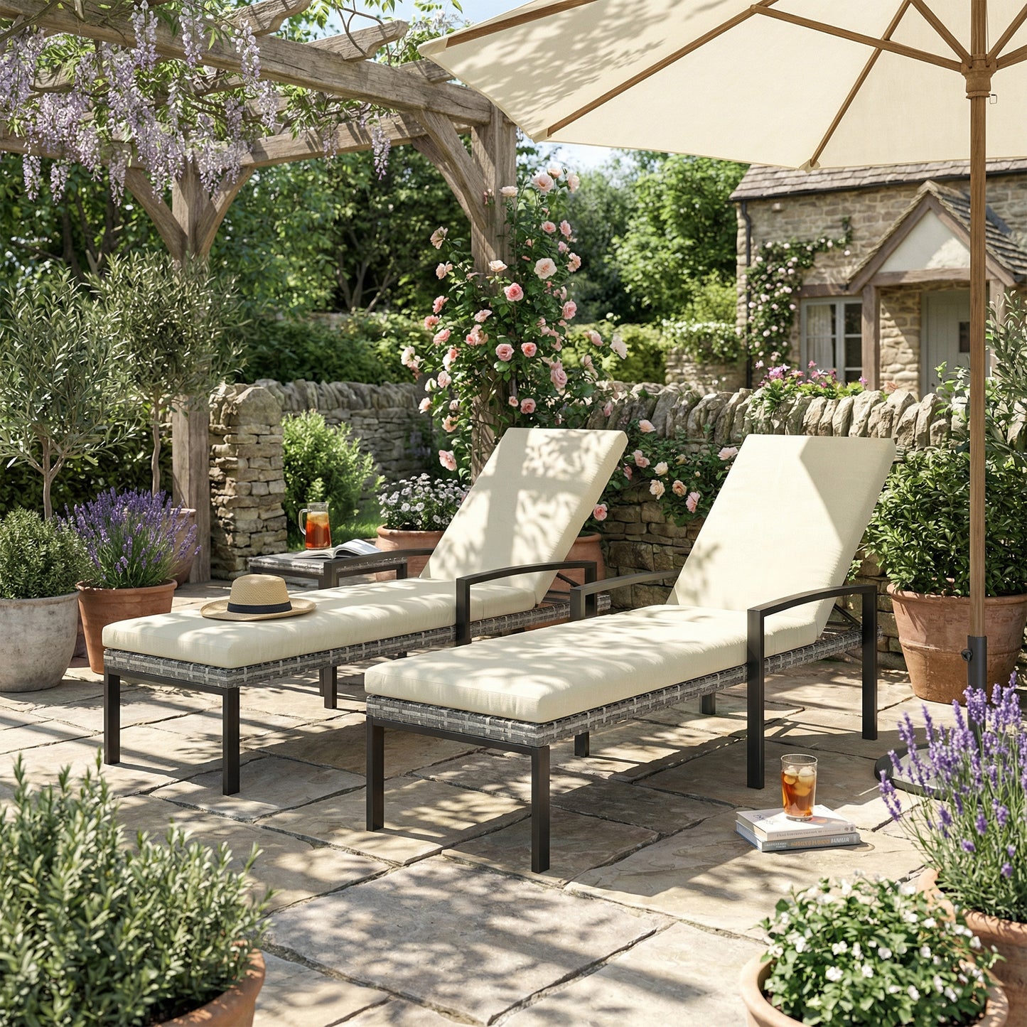 Chaise Lounge Chairs Outdoor, Set of 2 Wicker Patio Lounge Chairs with 5-Level Adjustable Backrest, Cushion