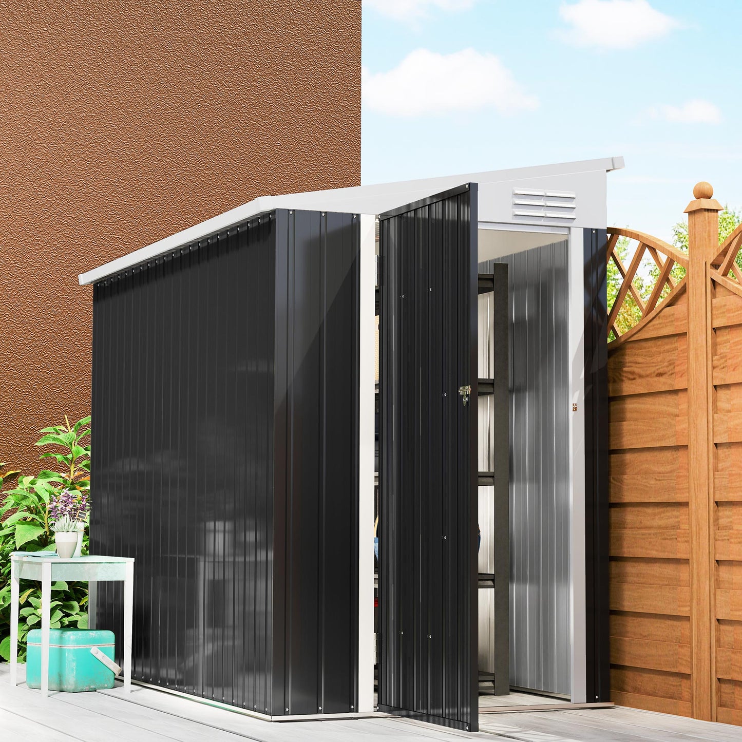 Outdoor Storage Shed Lean to Shed Outdoor Metal Tool Shed with Lockable Door and Air Vents, Dark Grey - 4' x 8'