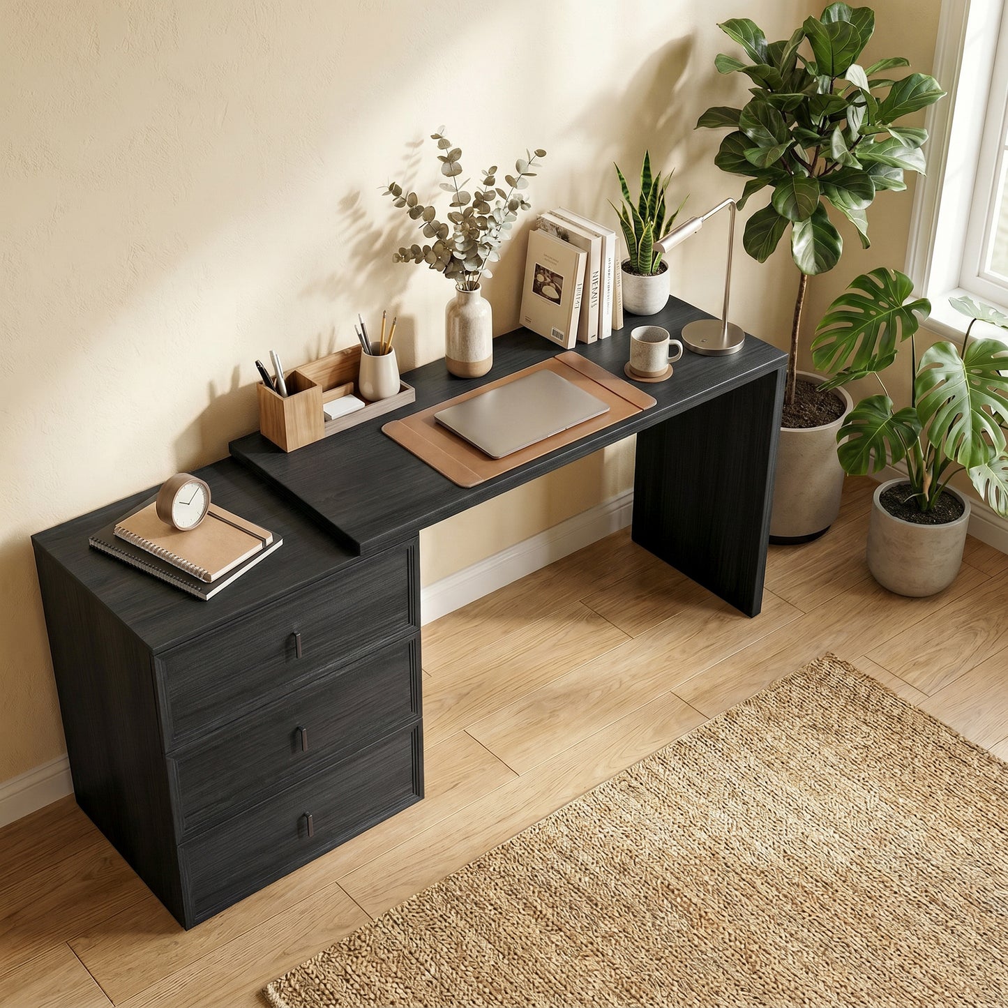 L Shaped Computer Desk Home Office Desk with 3 Drawers Black Wood Grain
