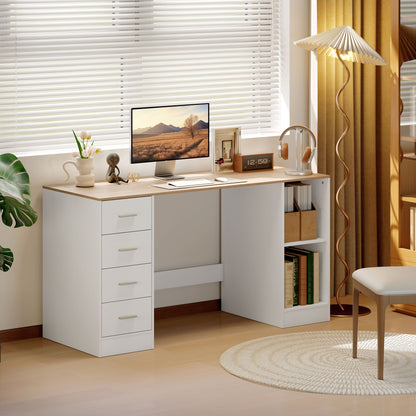 55" Computer Desk with 4 Reversible Drawers - White Wood Grain