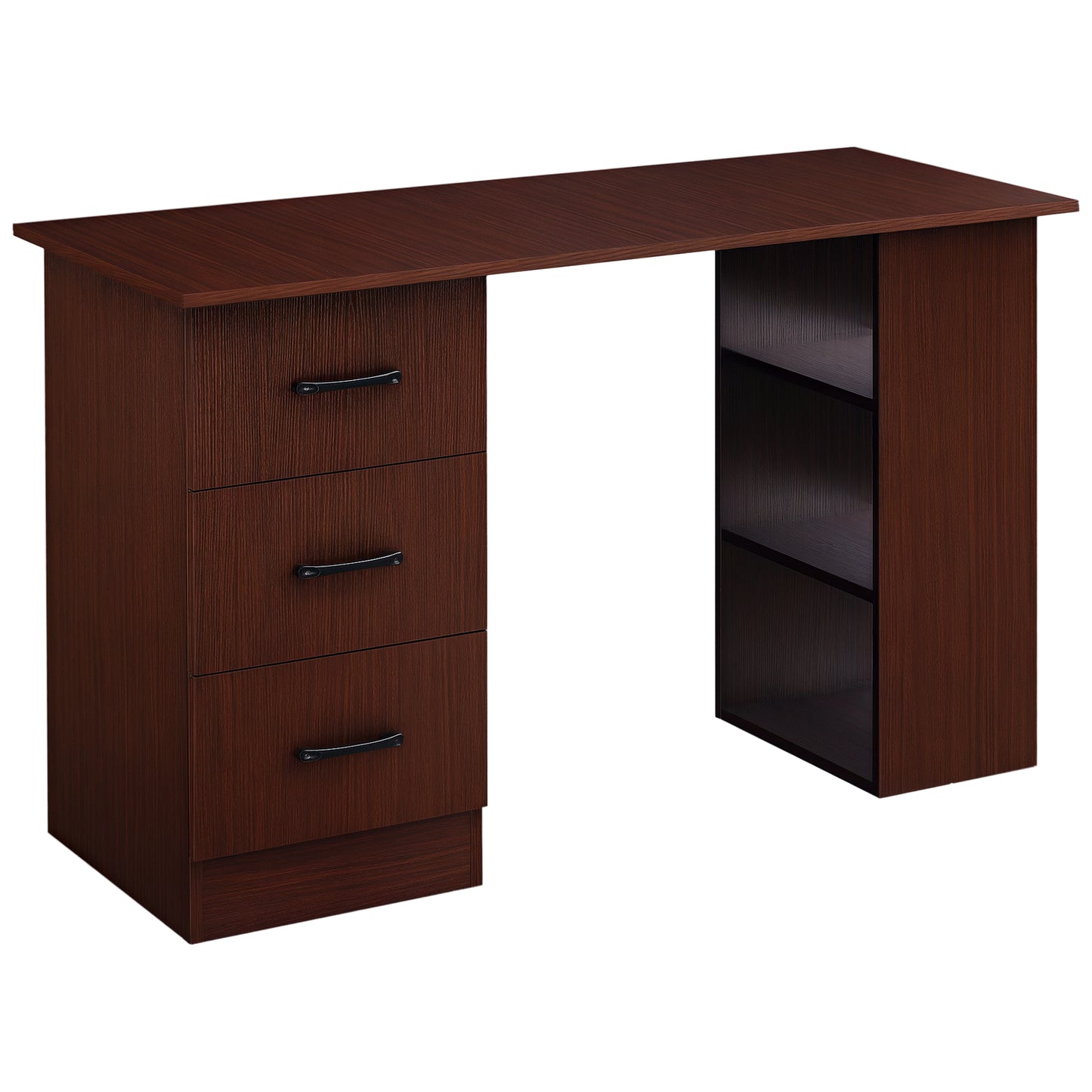 Computer Desk, 47" Writing Table with 3-Tier Shelves and 3 Reversible Drawers for Home Office, Bedroom, Walnut
