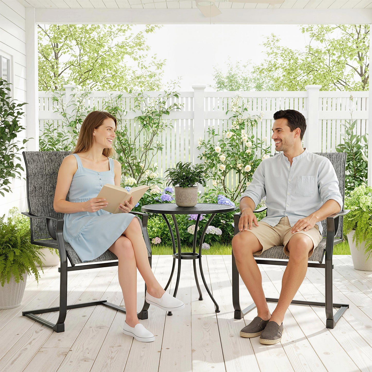 C Spring Motion Patio Chairs Set of 2 with Curved High Backrest, Armrest, All Weather Breathable Fabric, Metal Frame