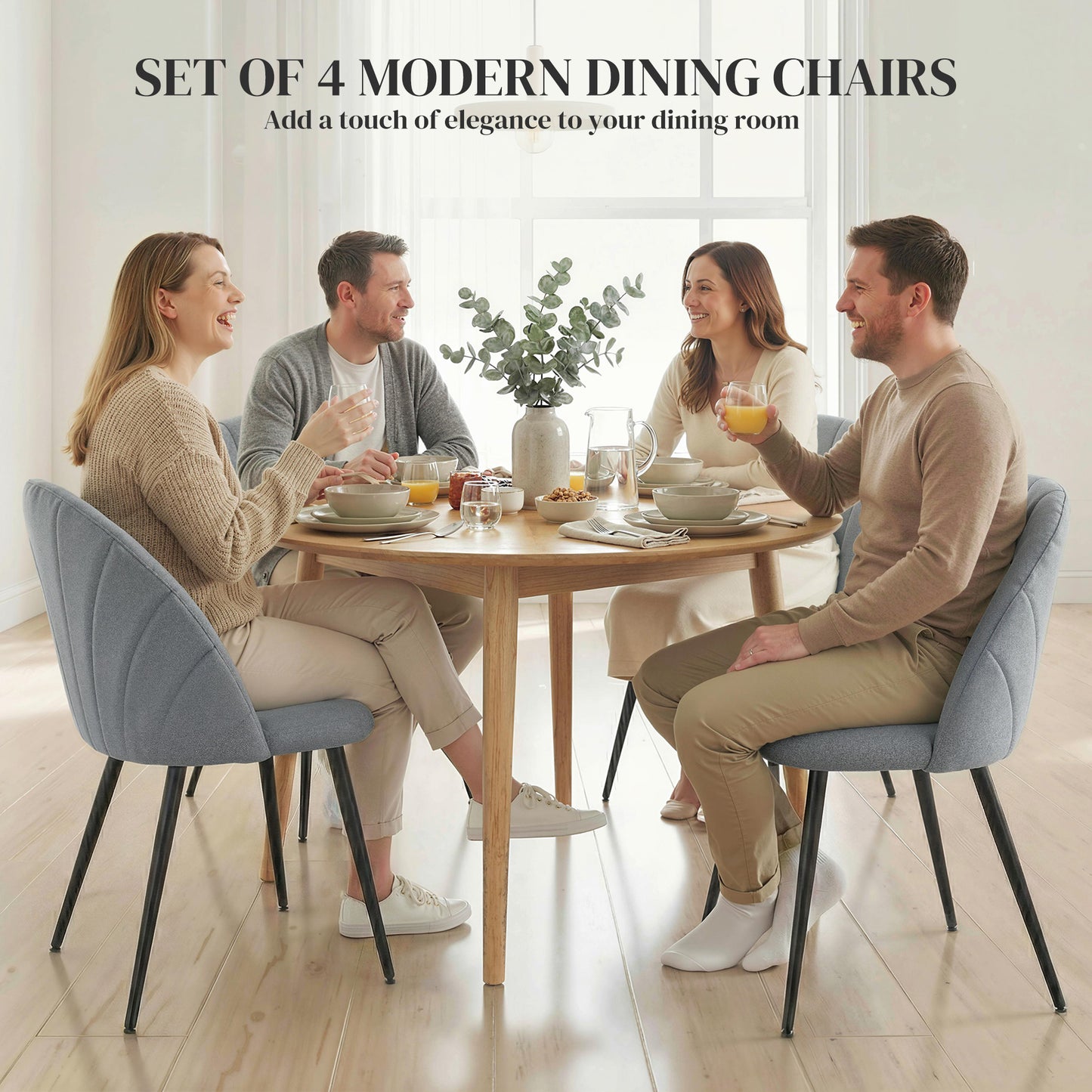 Modern Dining Chairs Set of 4, Upholstered Dining Room Chairs with Metal Legs, Shell Backrest, Padded Seat, Grey