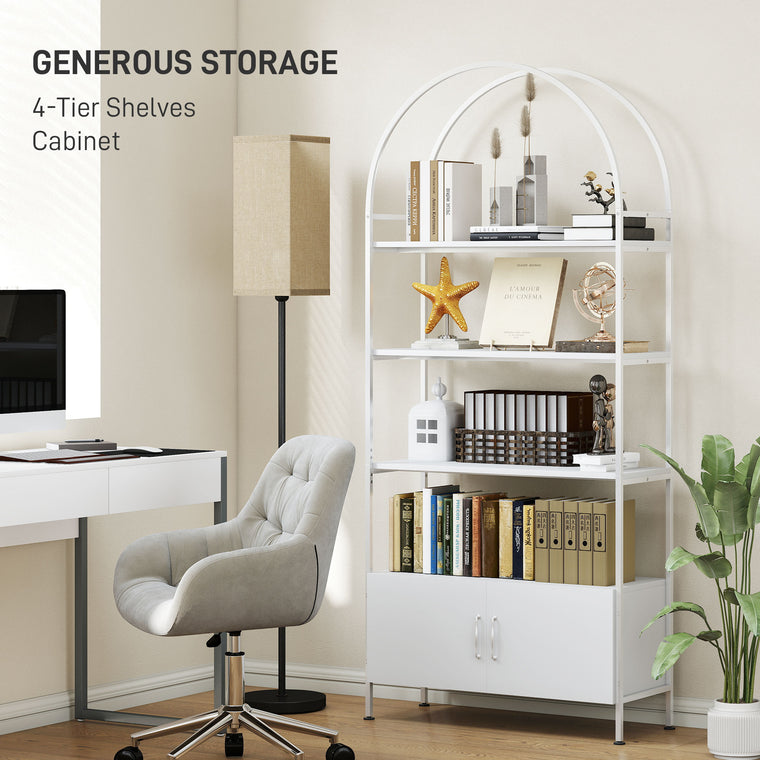 4-Tier Arched Bookshelf with Cabinet - White