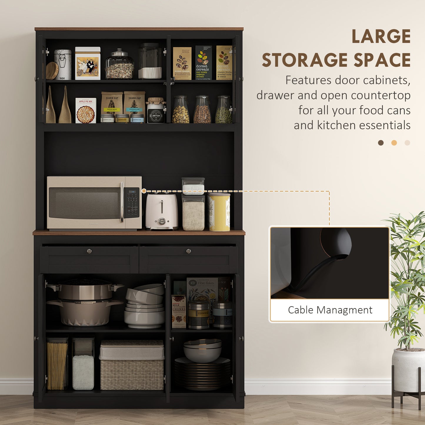 71" Pantry Cabinet with Microwave Space, Buffet with Hutch, 2 Drawers, Adjustable Shelves and Glass Doors, Black