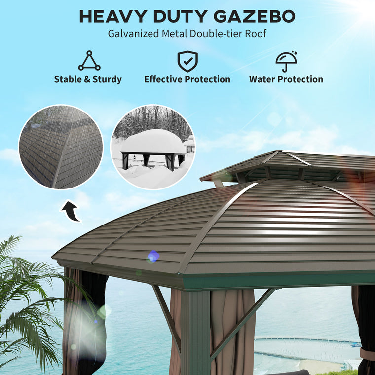 10' x 12' Coffee Hardtop Gazebo with Double Roof & Curtains