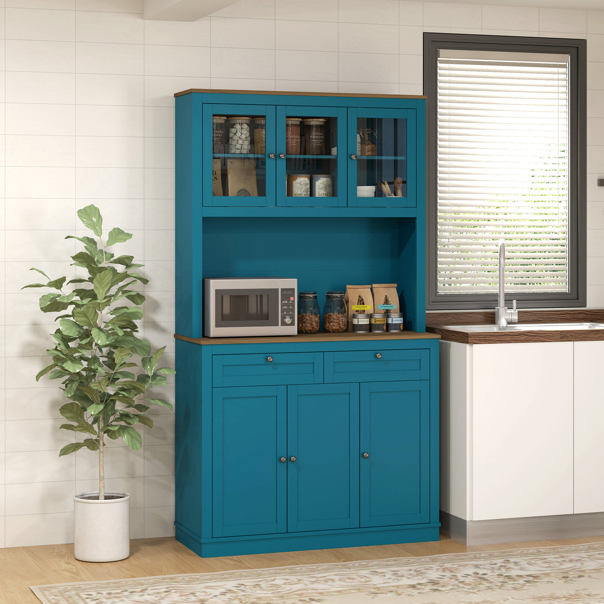 71" Pantry Cabinet with Microwave Space, Buffet with Hutch, 2 Drawers, Adjustable Shelves and Glass Doors, Navy Blue