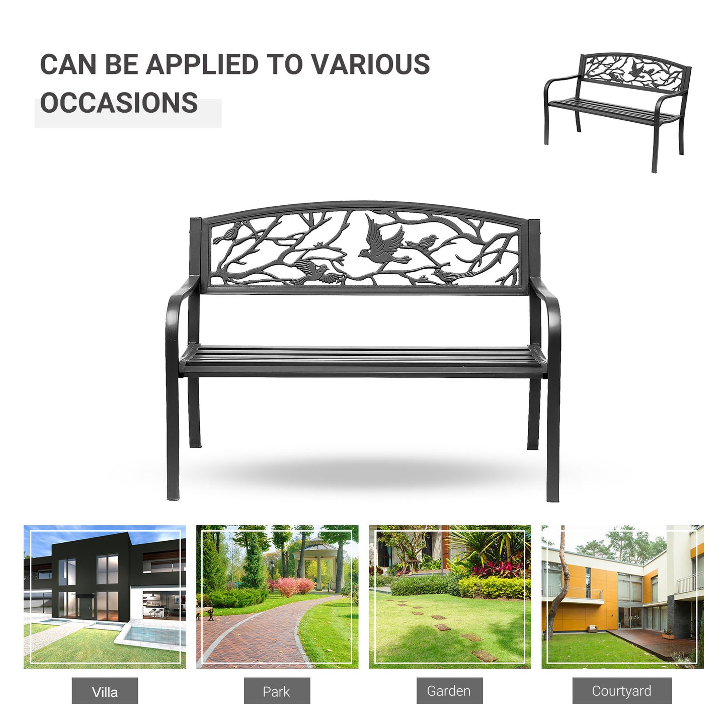 50" Garden Bench Outdoor Loveseat with Vintage Bird Pattern Cast Metal