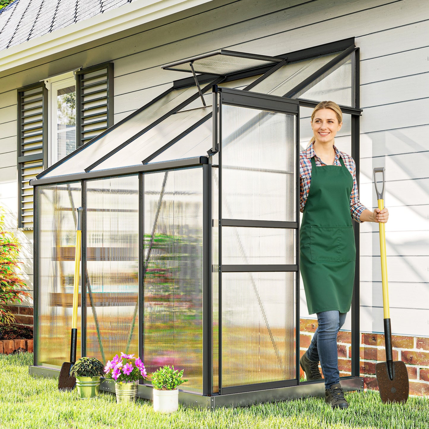 Aluminum Lean-to Greenhouse Polycarbonate Walk-in Greenhouse with Rain Gutter and Sliding Door, 6' x 4', Dark Grey