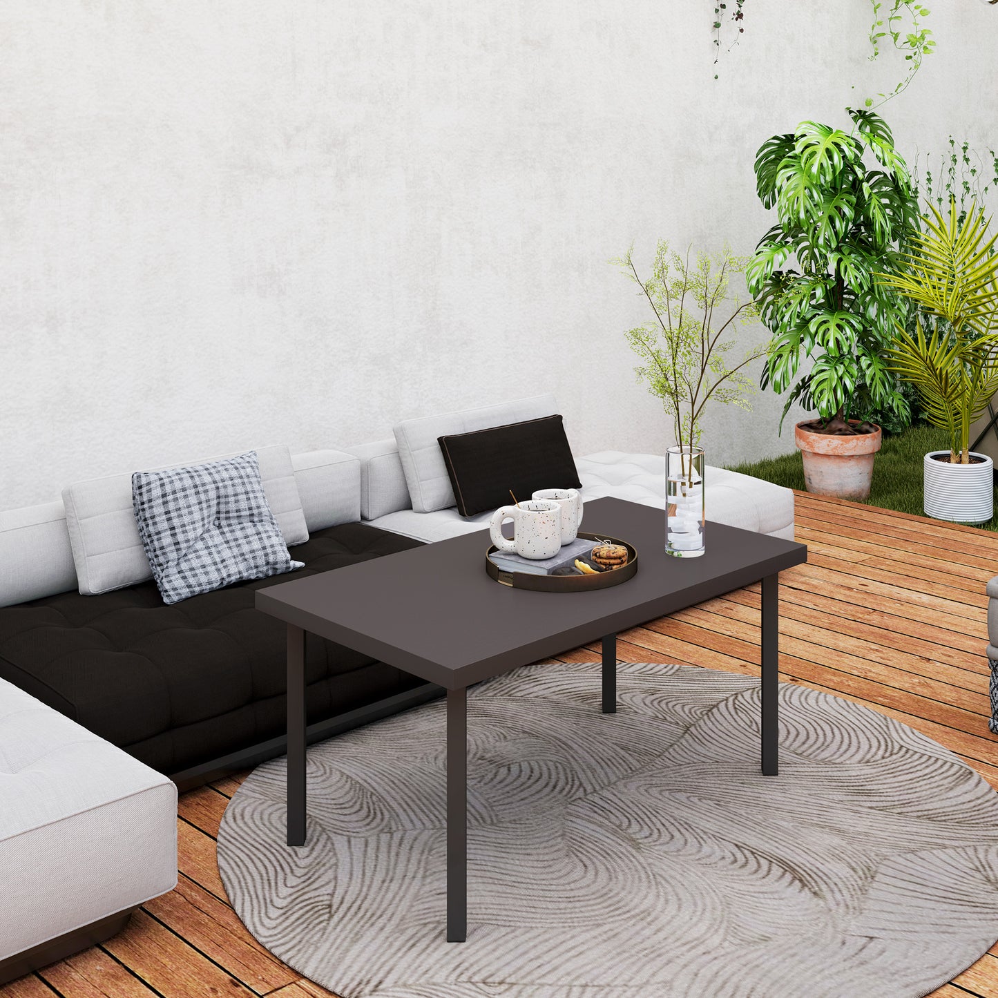 Metal Outdoor Side Table, Rectangle Patio Coffee Table with Woodgrain Tabletop for Outside Garden, Brown